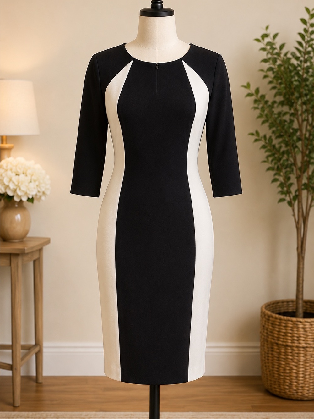 Tahari ASL Black and White Colorblock Long Sleeve Dress